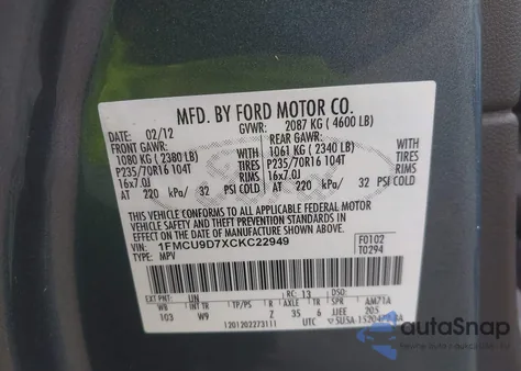 2012 Ford Escape Xlt from USA, damaged, VIN 1FMCU9D7XCKC22949